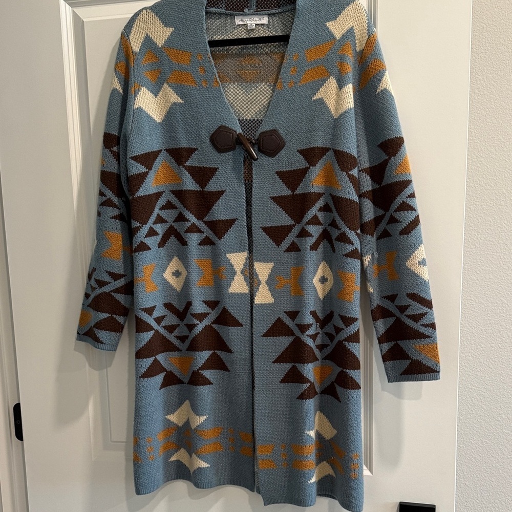 Keren Hart  Geometric Patterned Blue and Brown Sweater sz m